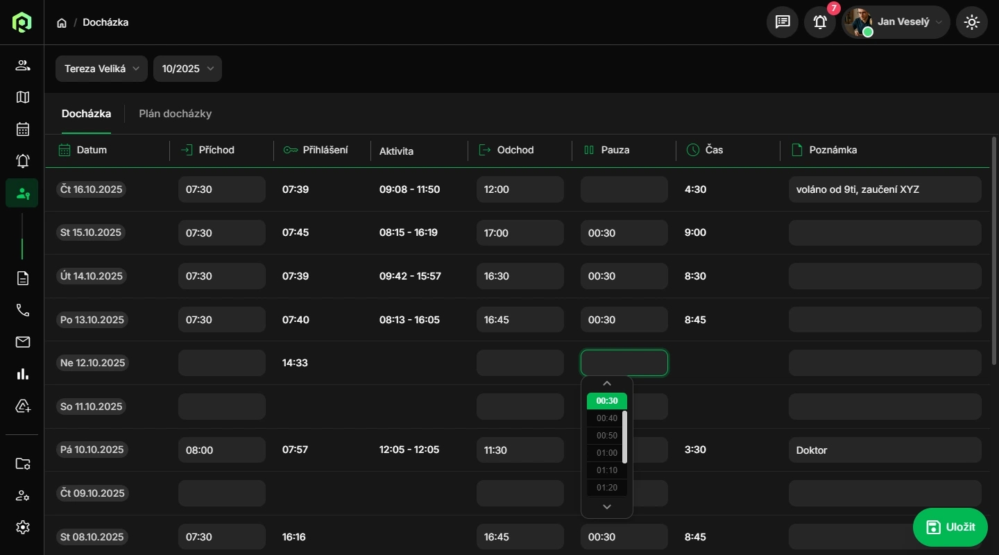 CRM Ramisys docházkový modul dark mode